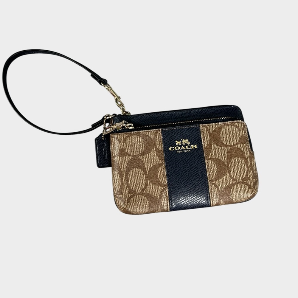 Coach Zip Wristlet in Signature Canvas and Navy Leather